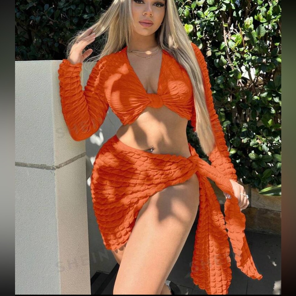 Orange Waffle knit crop top and skirt set